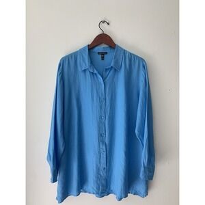 Eileen Fisher 100% Organic Linen Button Down XL Collar Lagenlook Coastal Blue